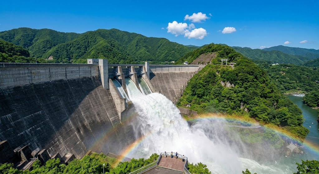 豪快な放水と虹