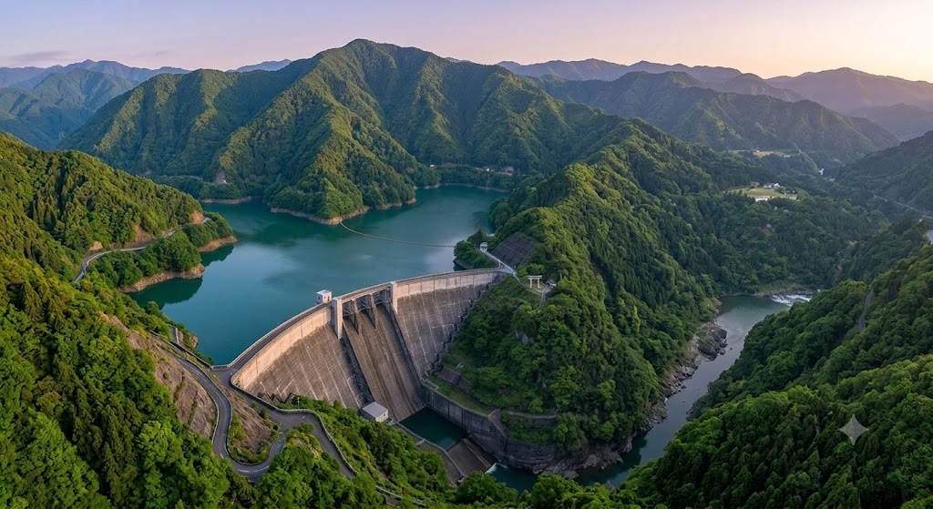 山々と広大なダム湖の空撮