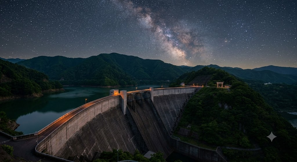 満天の星空と夜のダム